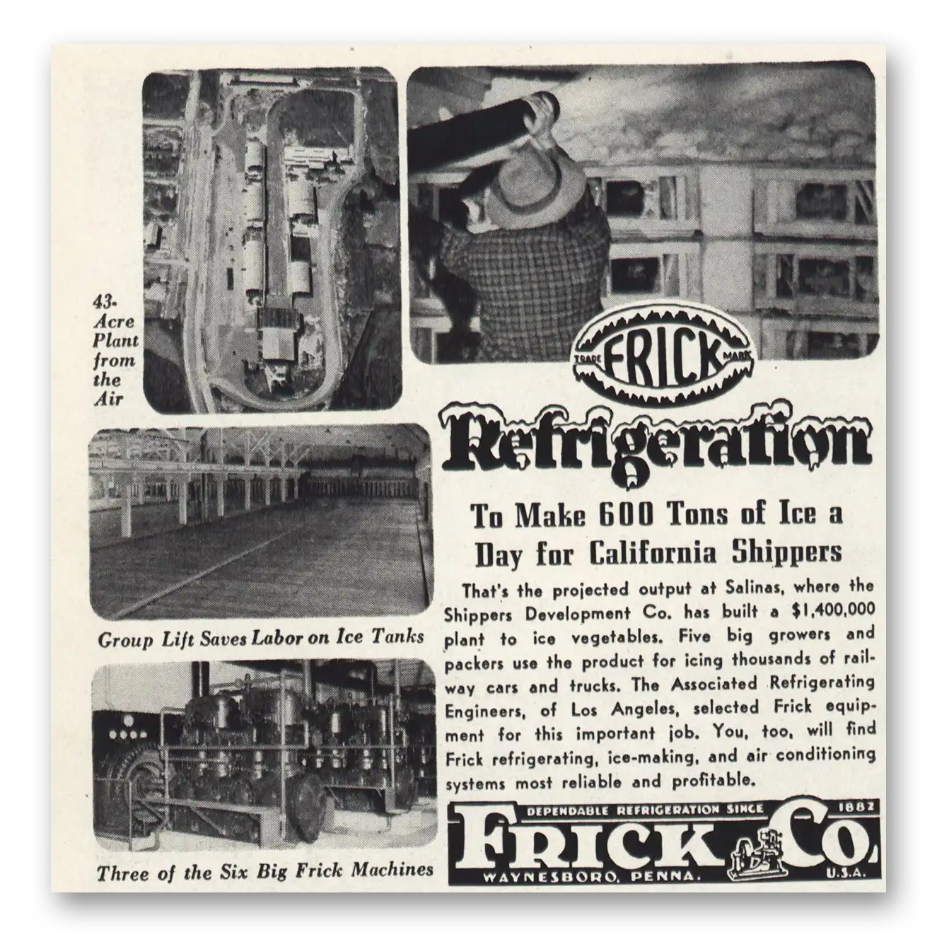 1947 Frick Refrigeration California Shippers Vintage Magazine Print Ad