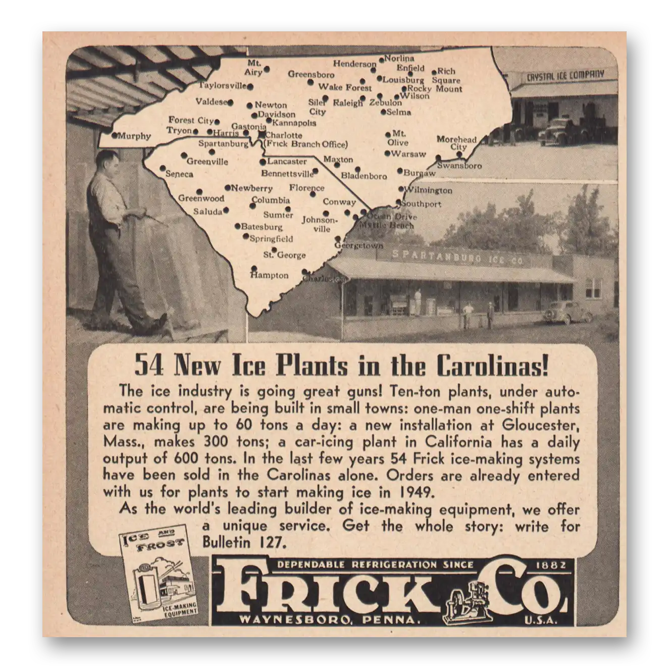 1947 Frick Refrigeration Ice Plants Carolinas Vintage Magazine Print Ad