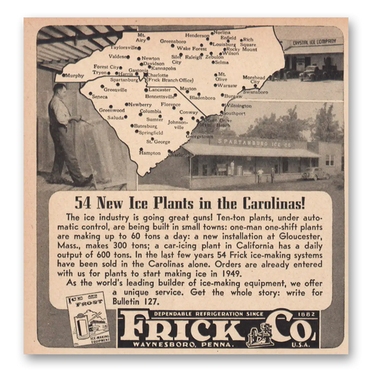 1947 Frick Refrigeration Ice Plants Carolinas Vintage Magazine Print Ad