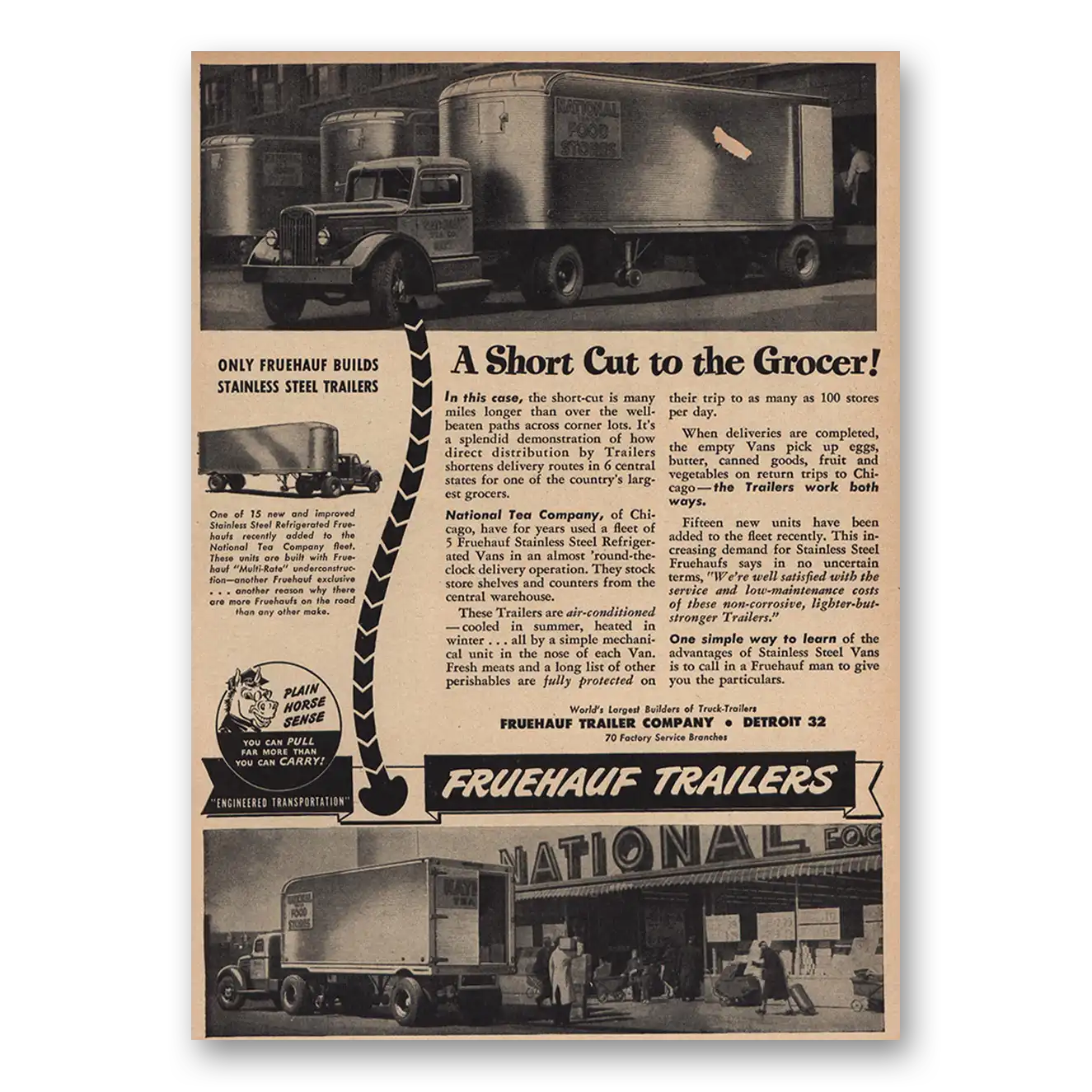 1947 Fruehauf Trailer Short Cut to Grocer Vintage Magazine Print Ad