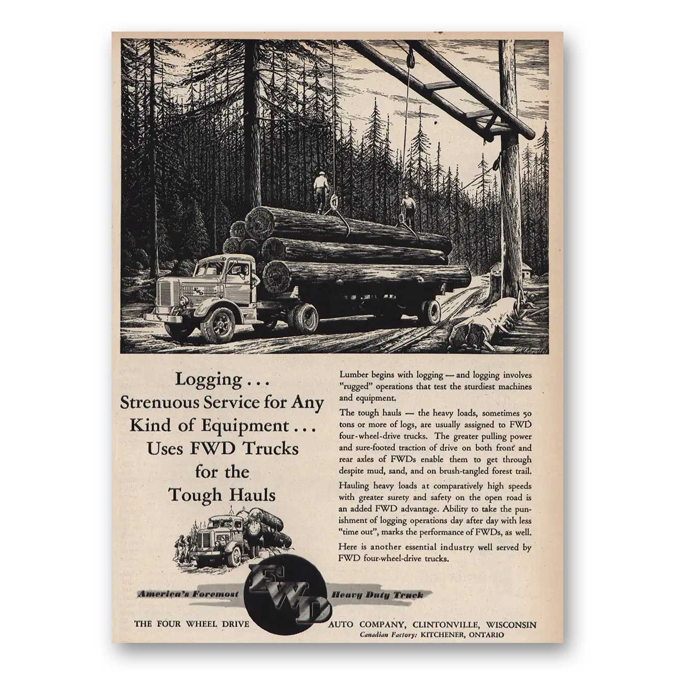 1947 FWD Trucks Logging Vintage Magazine Print Ad