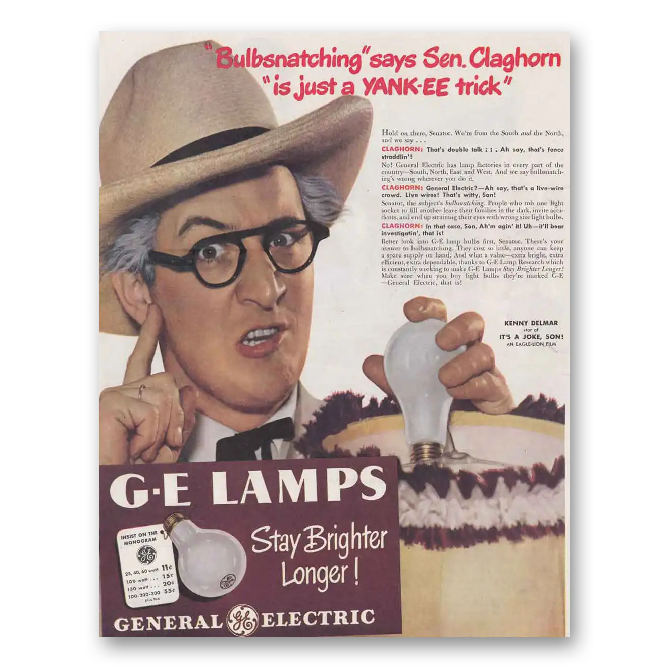 1948 GE Lamps Sen Claghorn Vintage Magazine Print Ad