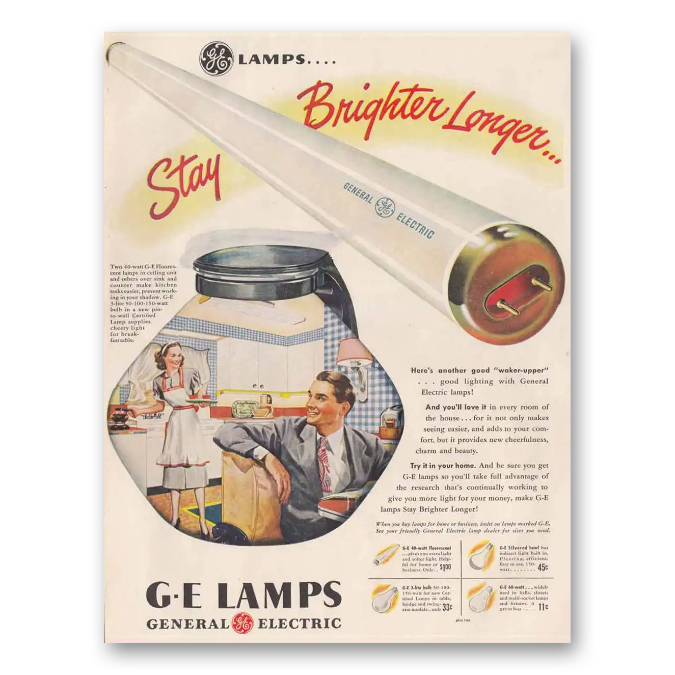 1947 GE Lamps Stay Brighter Longer Waker Upper Vintage Magazine Print Ad