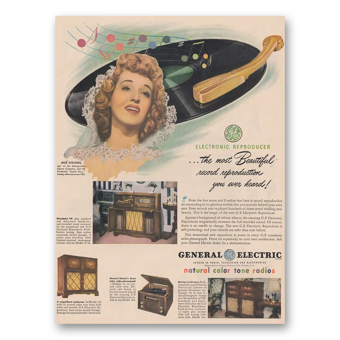 1947 General Electric Radio Natural Color Tone Radios Rise Stevens Vintage Magazine Print Ad