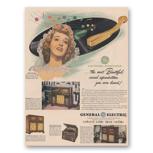 1947 General Electric Radio Natural Color Tone Radios Rise Stevens Vintage Magazine Print Ad