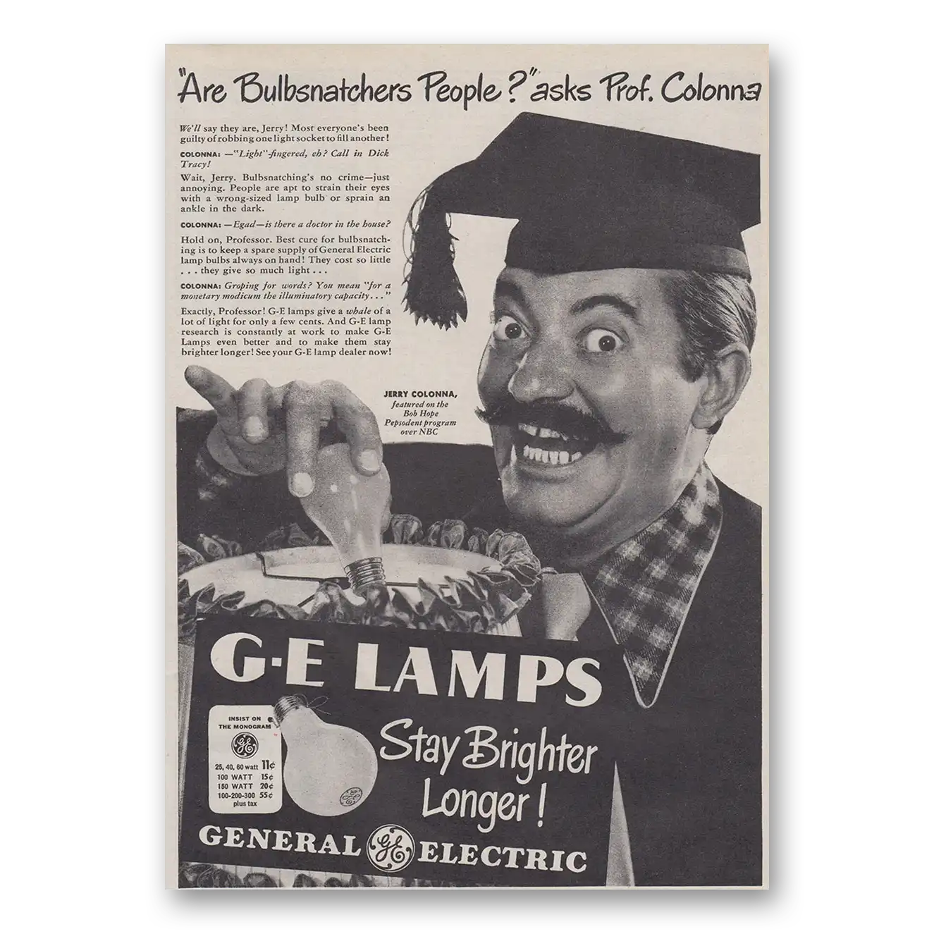 1947 GE Lamps Are Bulb Snatchers People Prof Colonna Vintage Magazine Print Ad