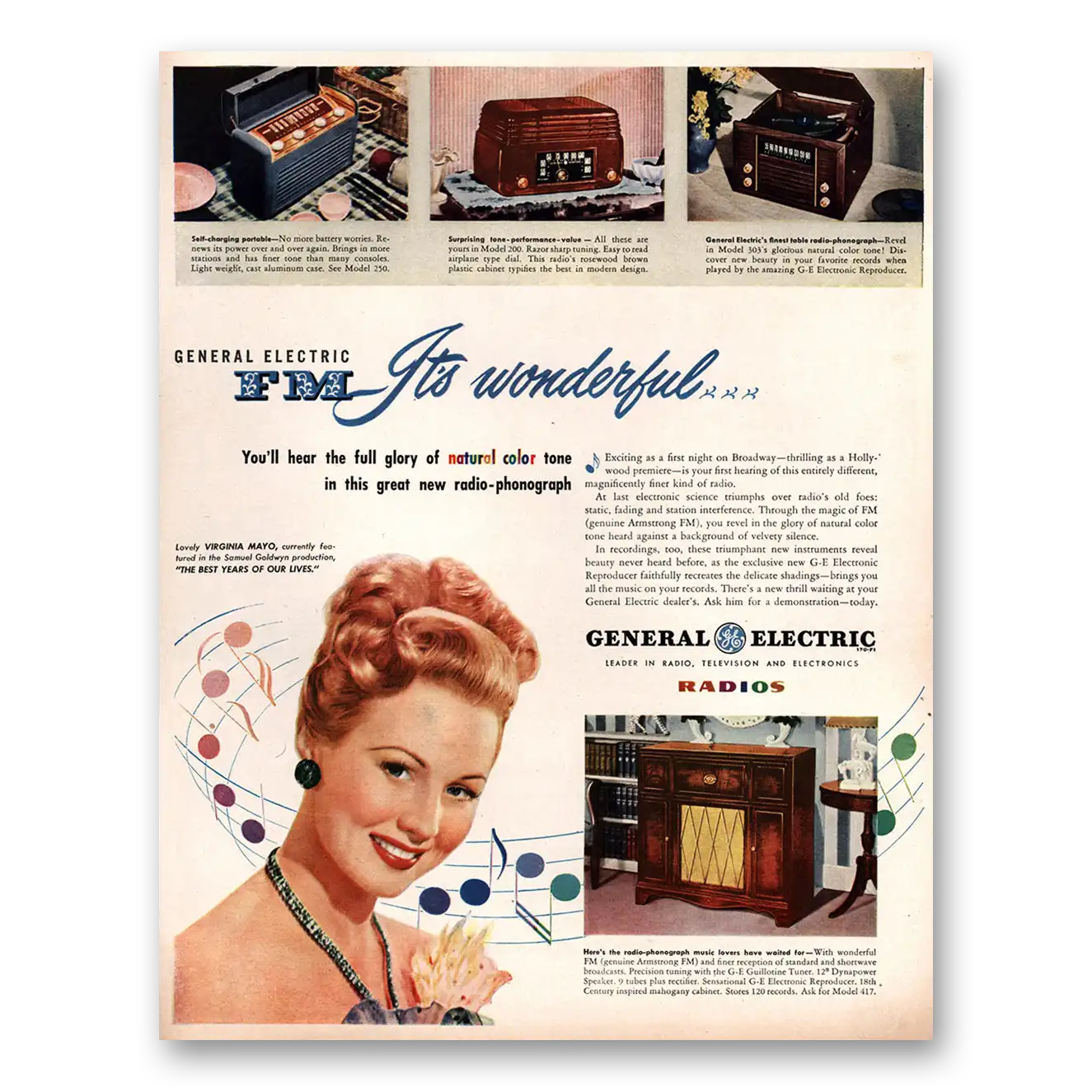 1947 General Electric Radio Virginia Mayo Vintage Magazine Print Ad