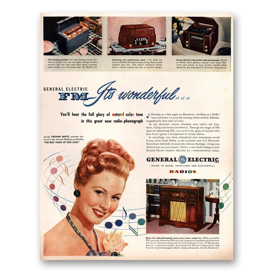 1947 General Electric Radio Virginia Mayo Vintage Magazine Print Ad