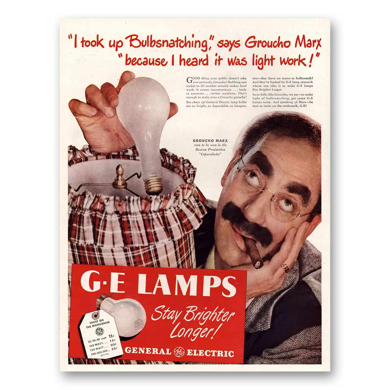 1947 GE Lamps Groucho Marx Vintage Magazine Print Ad