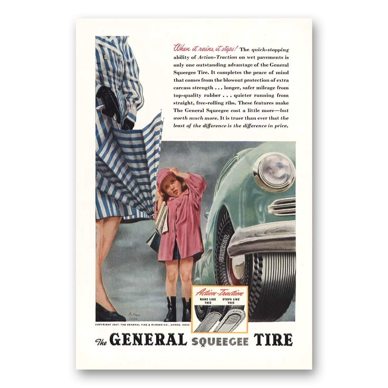 1947 General Squeege Tires When It Rains It Stops Vintage Magazine Print Ad