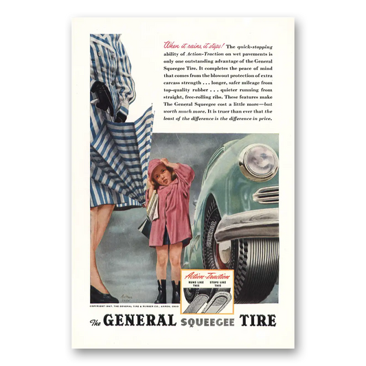 1947 General Squeege Tires When It Rains It Stops Vintage Magazine Print Ad