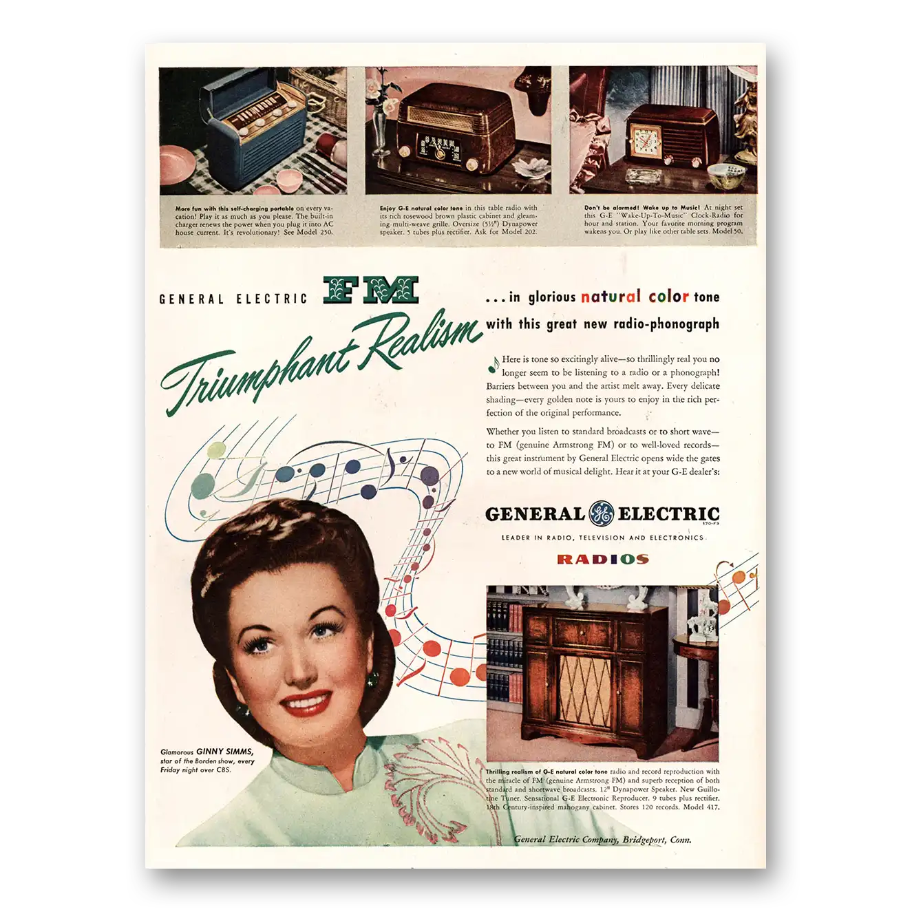 1947 General Electric Radio Ginny Simms Vintage Magazine Print Ad