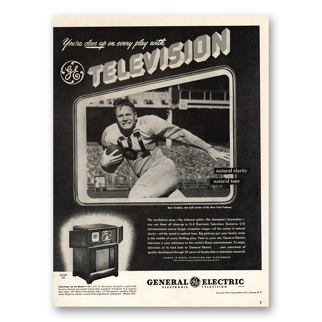 1947 General Electric Television Spec Sanders New York Yankees Vintage Magazine Print Ad