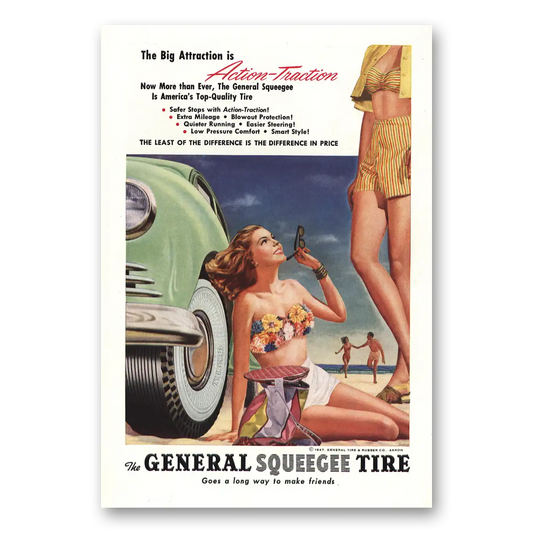 1947 General Squeege Tires Big Attraction is Action Traction Vintage Magazine Print Ad