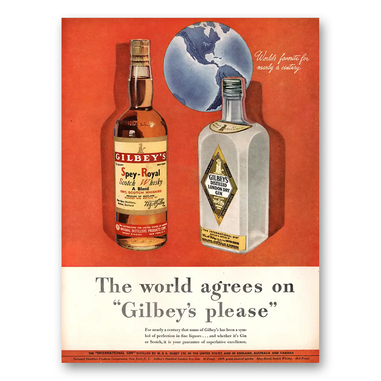 1947 Gilbeys Gin World Agrees On Gilbeys Please Vintage Magazine Print Ad