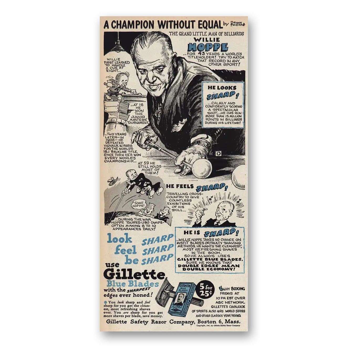 1947 Gillette Blue Blades Willie Hoppe Vintage Magazine Print Ad