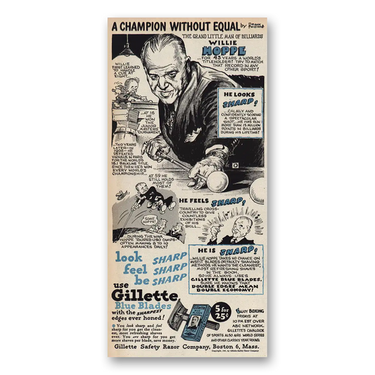 1947 Gillette Blue Blades Willie Hoppe Vintage Magazine Print Ad