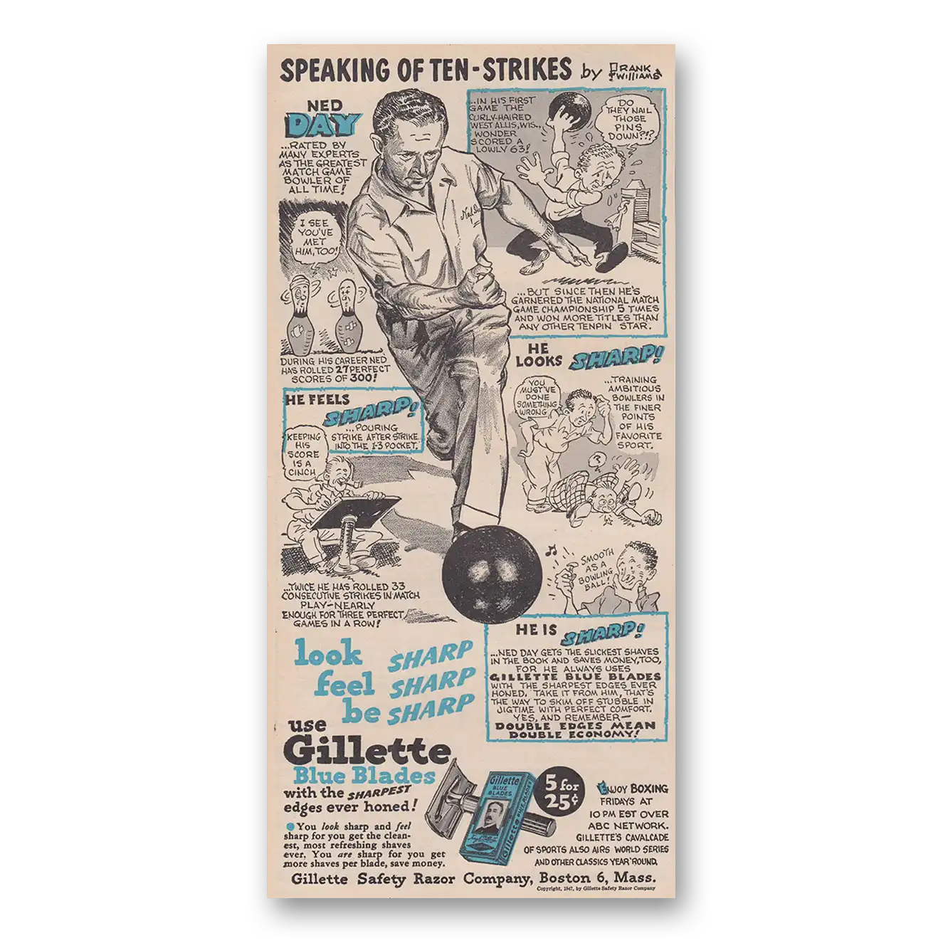 1947 Gillette Blue Blades Speaking of Ten Strikes Ned Day Vintage Magazine Print Ad