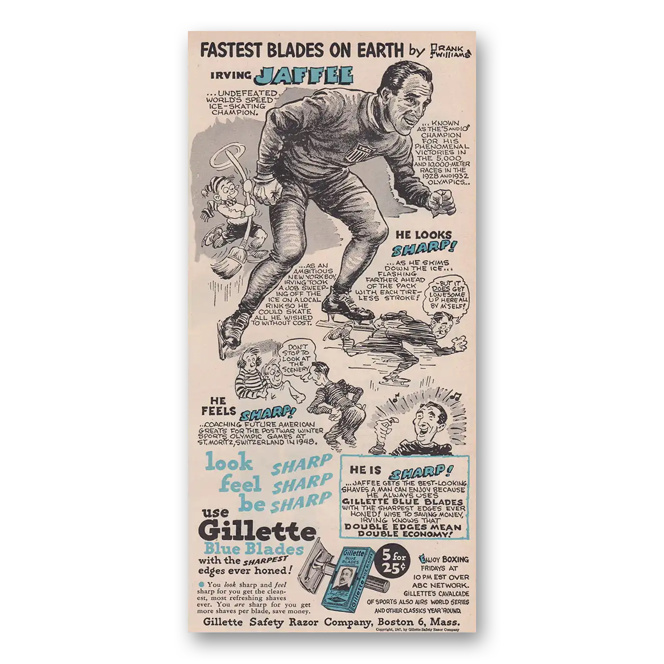 1947 Gillette Blue Blades Irving Jaffee Vintage Magazine Print Ad