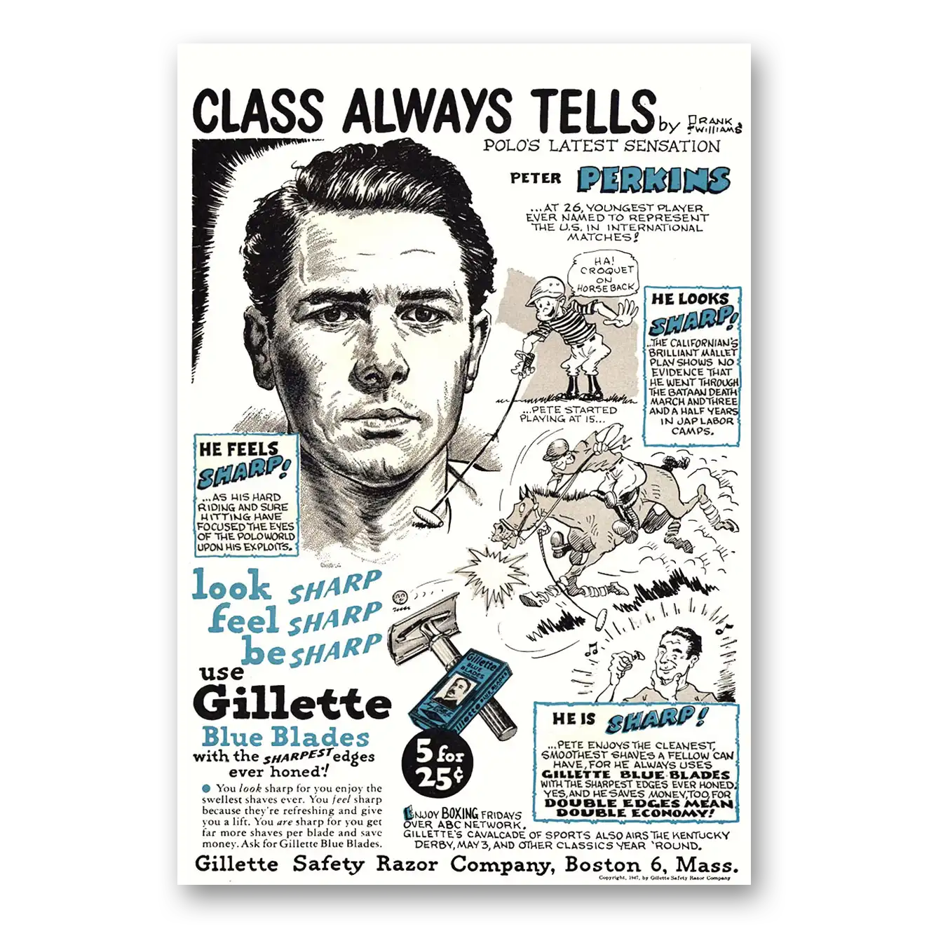 1947 Gillette Blue Blades Peter Perkins Vintage Magazine Print Ad