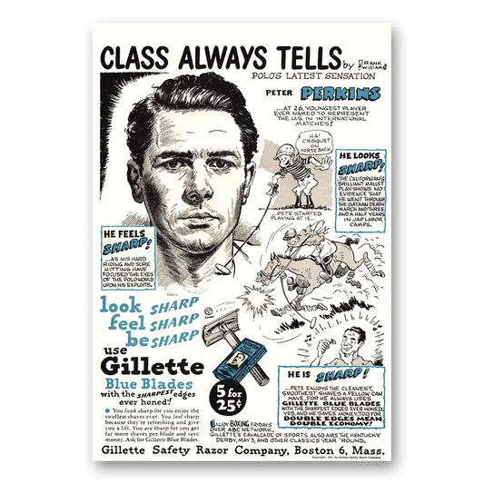 1947 Gillette Blue Blades Peter Perkins Vintage Magazine Print Ad