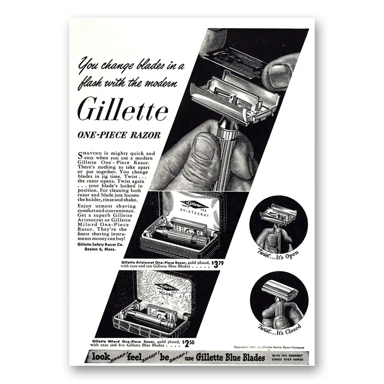 1947 Gillette Razor One Piece Razor Change Blades In a Flash Vintage Magazine Print Ad