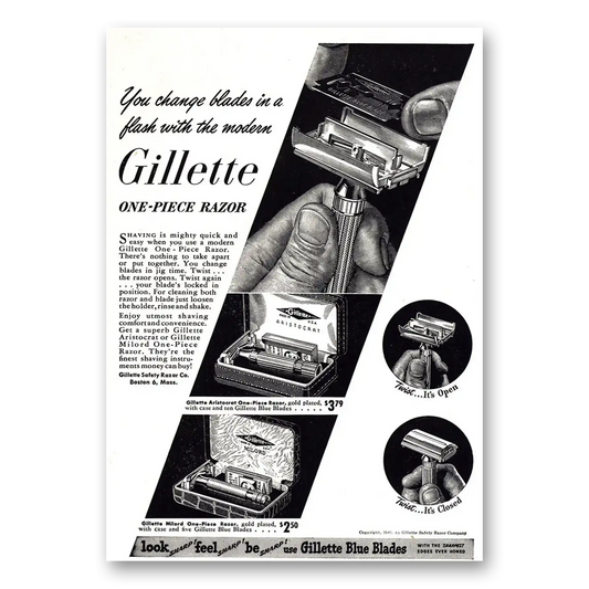 1947 Gillette Razor One Piece Razor Change Blades In a Flash Vintage Magazine Print Ad