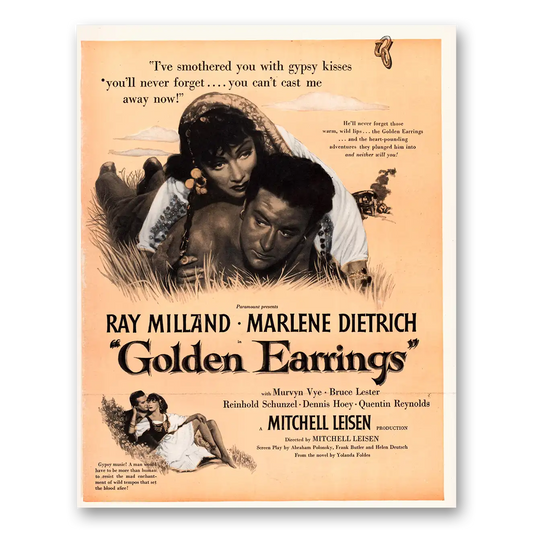 1947 Golden Earrings Movie Promo Ray Milland and Marlene Dietrich Vintage Magazine Print Ad