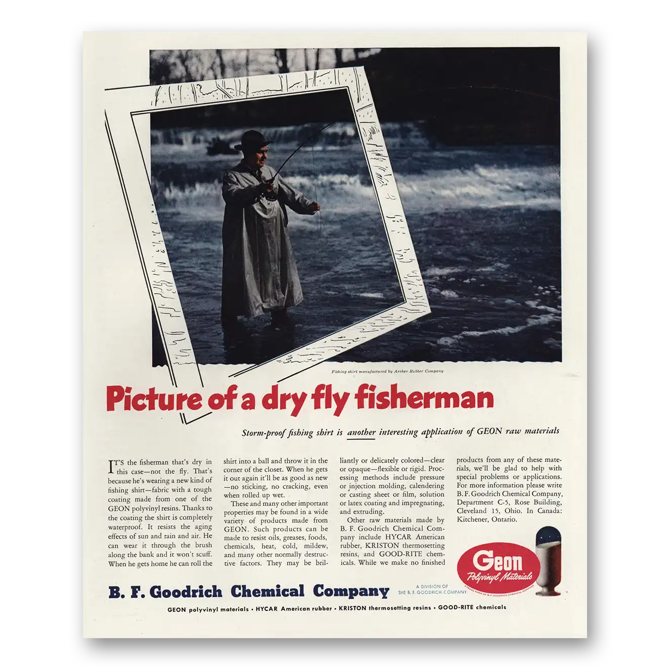 1947 B F Goodrich Chemical Picture of Dry Fly Fisherman Vintage Magazine Print Ad