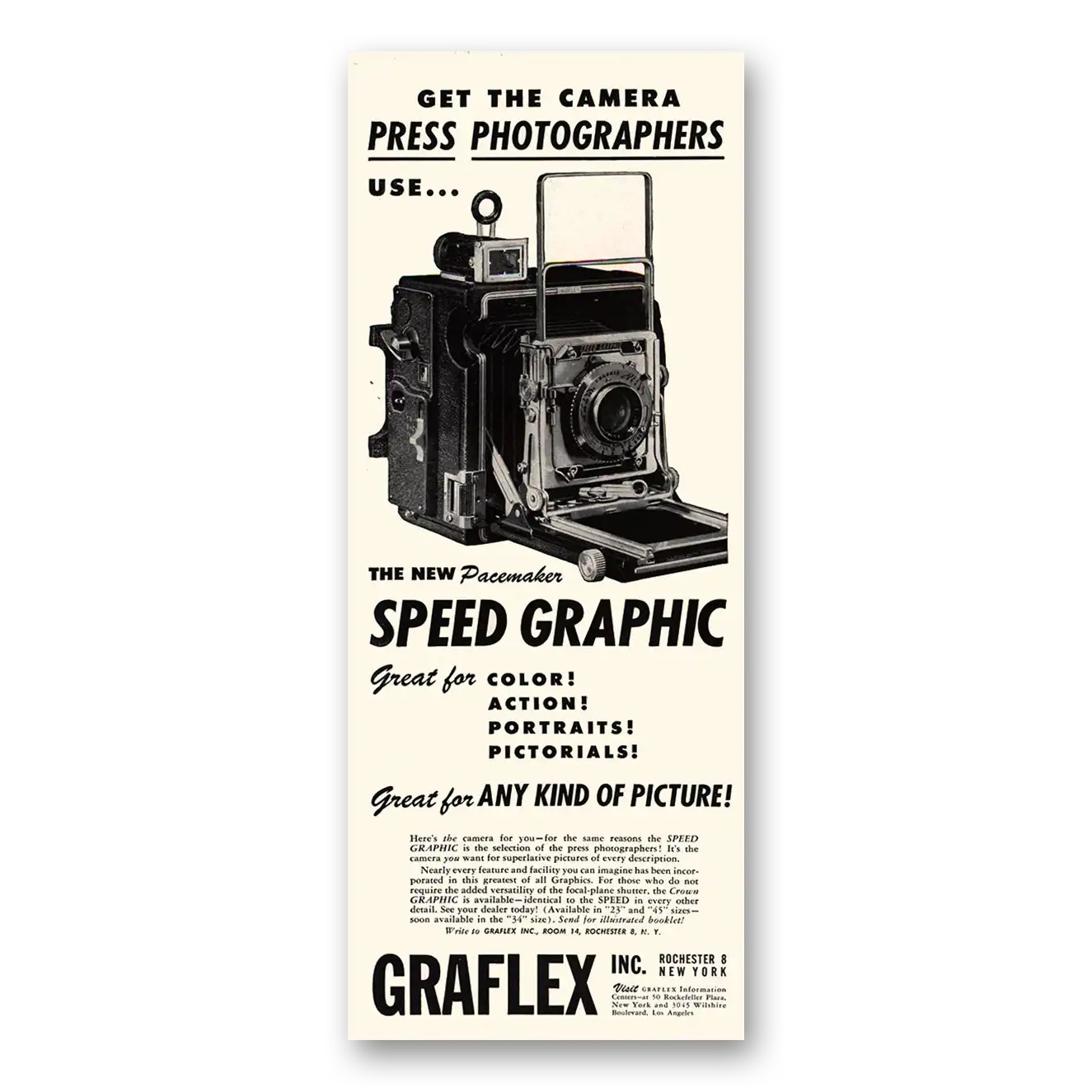 1947 Graflex Cameras Camera Press Photographers Vintage Magazine Print Ad