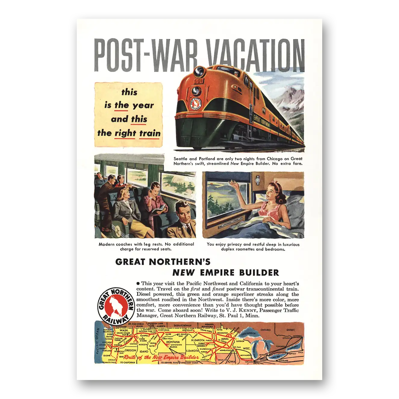 1947 Great Northern Railway Post War Vacation Empire Builder Vintage Magazine Print Ad