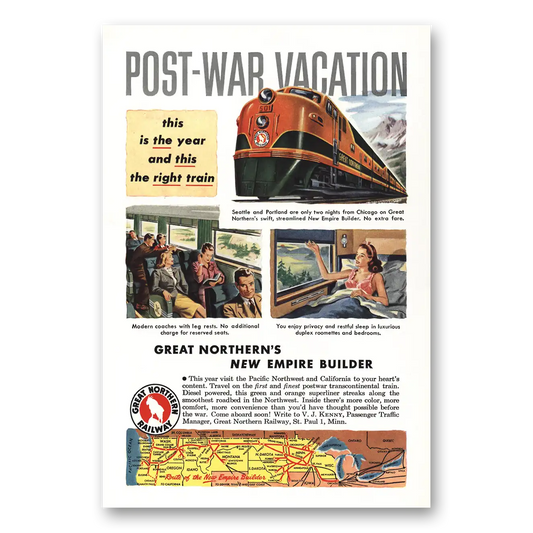 1947 Great Northern Railway Post War Vacation Empire Builder Vintage Magazine Print Ad