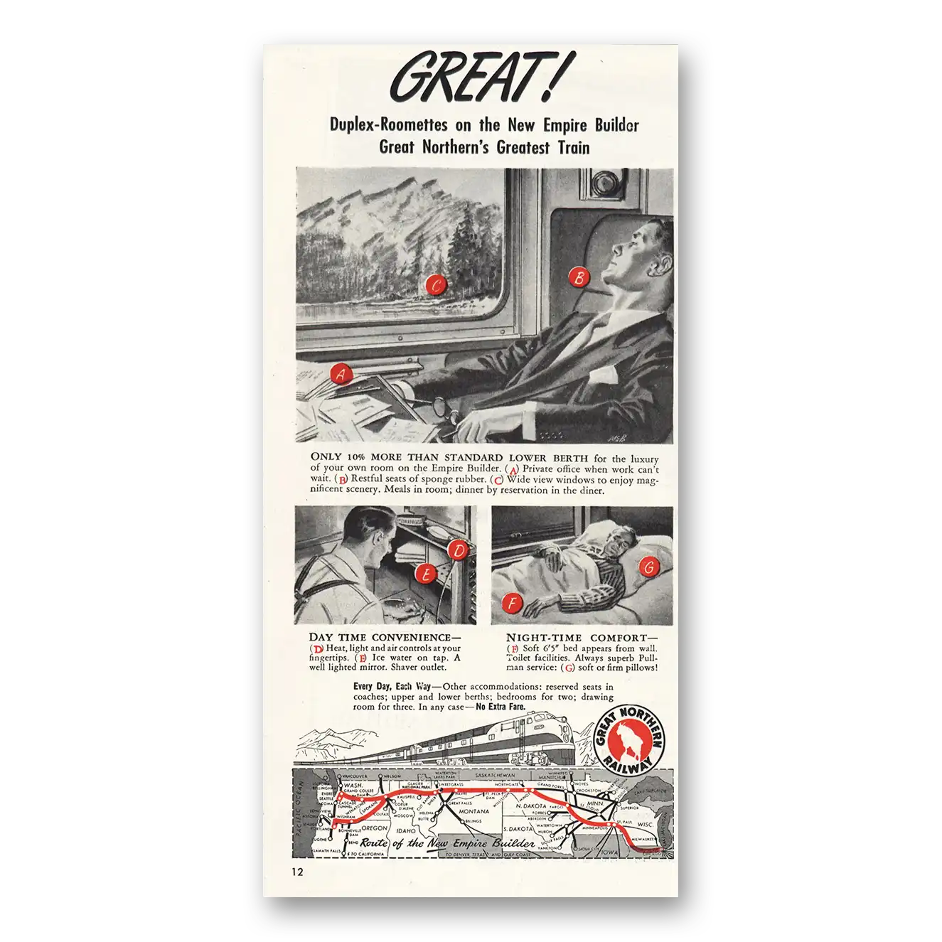 1947 Great Northern Railway Great Duplex Roomettes Vintage Magazine Print Ad