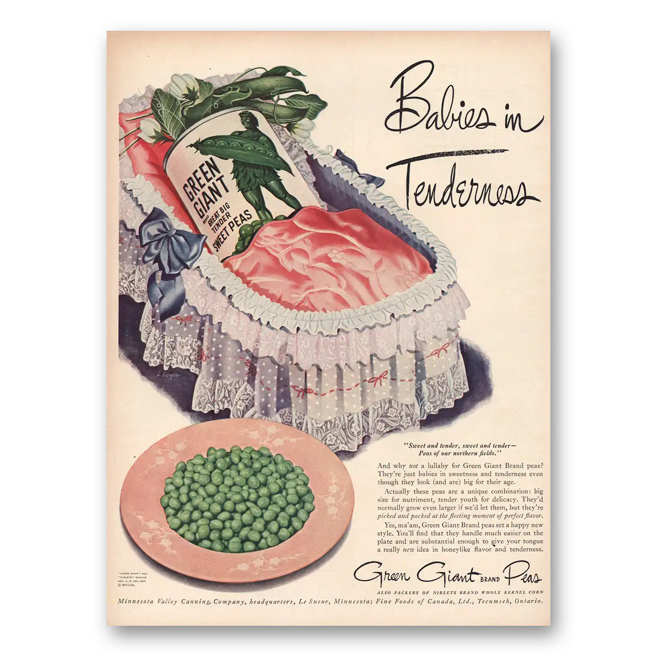 1947 Green Giant Babies In Tenderness Vintage Magazine Print Ad