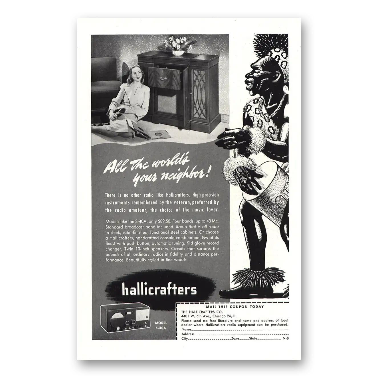 1947 Hallicrafters Worlds Your Neighbor Vintage Magazine Print Ad