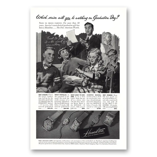 1947 Hamilton Watch Which Senior Will You Be Watching Vintage Magazine Print Ad