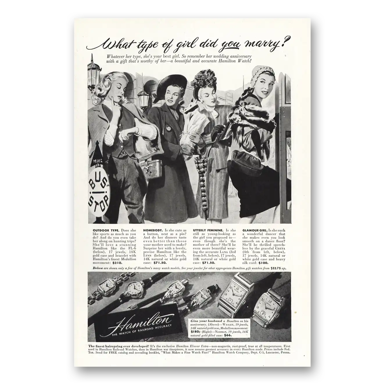 1947 Hamilton Watch Type of Girl Did You Marry Vintage Magazine Print Ad