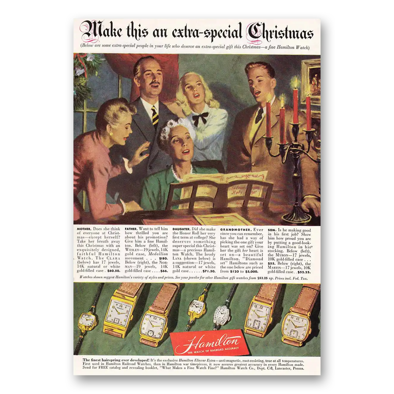 1947 Hamilton Watch Extra Special Christmas Vintage Magazine Print Ad