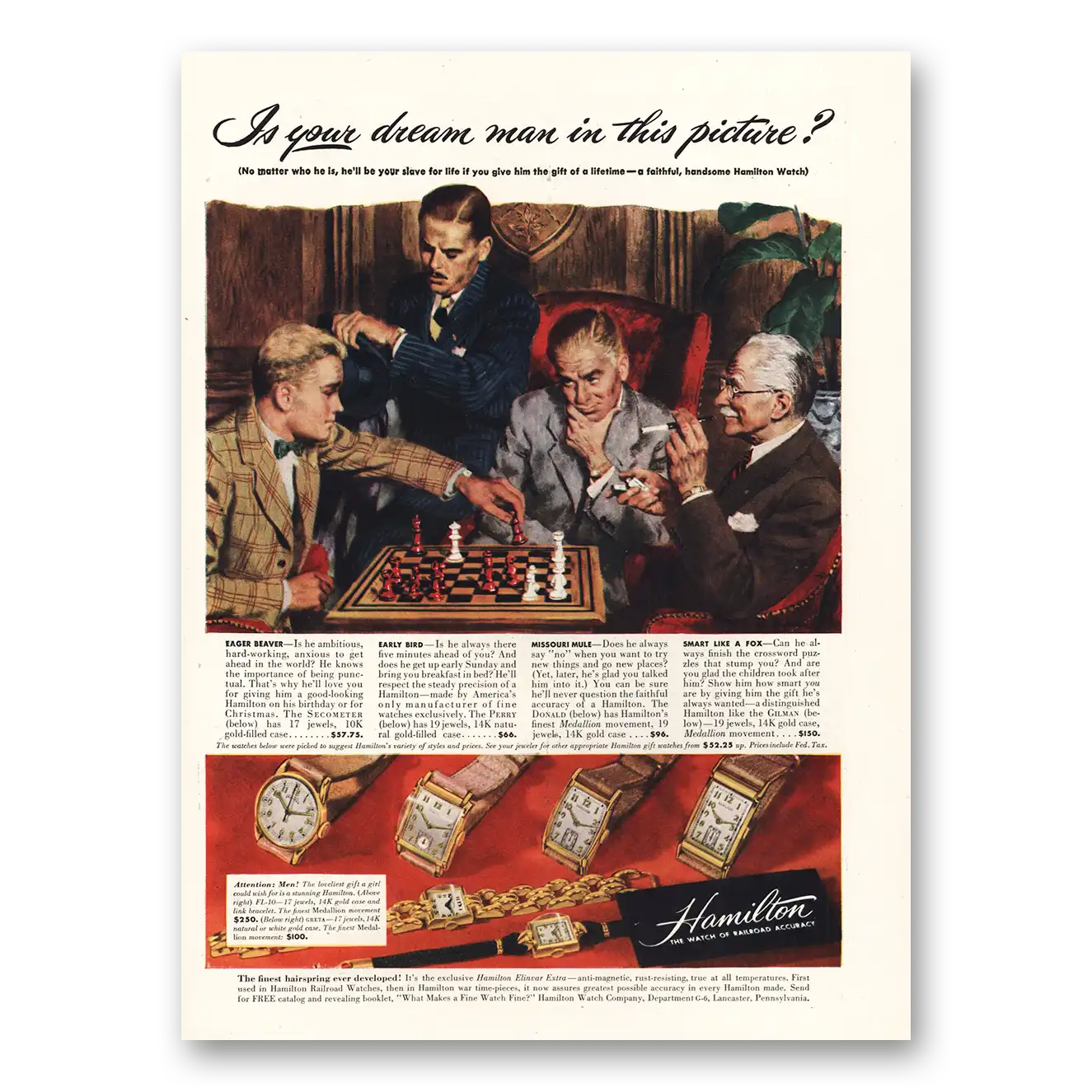 1947 Hamilton Watch Dream Man In This Picture Vintage Magazine Print Ad