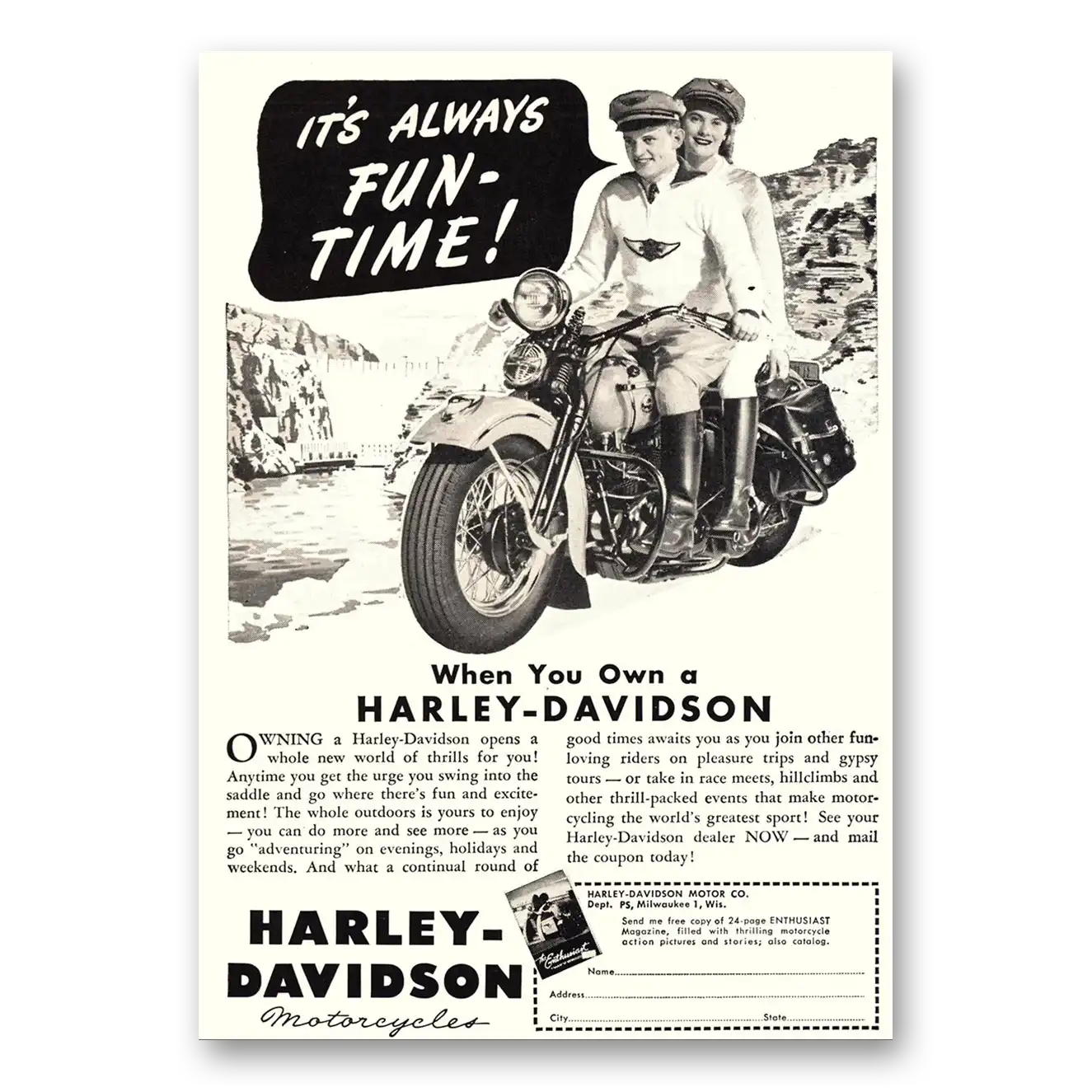 1947 Harley Davidson Always Fun Time Vintage Magazine Print Ad