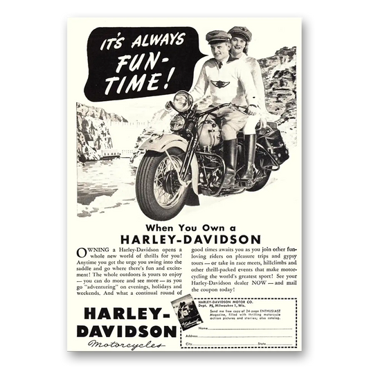 1947 Harley Davidson Always Fun Time Vintage Magazine Print Ad