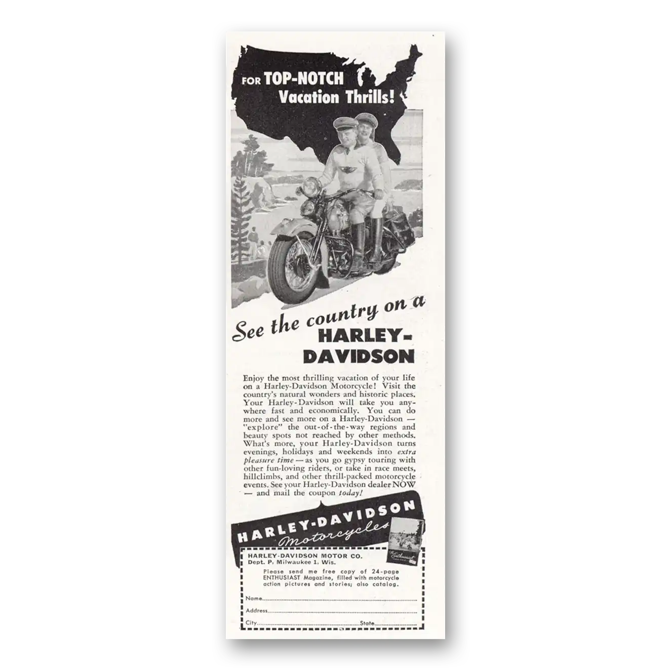 1947 Harley Davidson Top Notch Thrills Vintage Magazine Print Ad