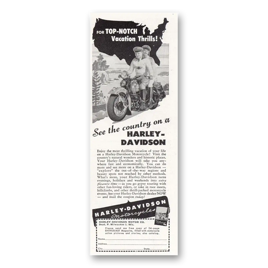 1947 Harley Davidson Top Notch Thrills Vintage Magazine Print Ad