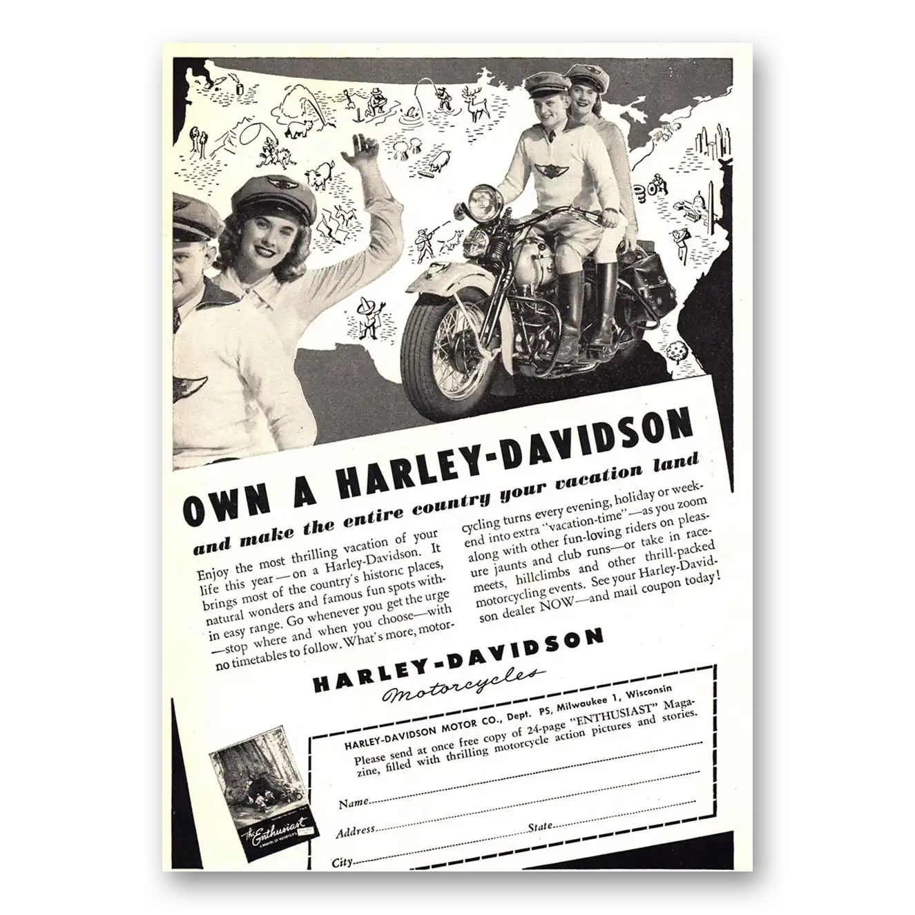 1947 Harley Davidson Own a Harley Davidson Vintage Magazine Print Ad