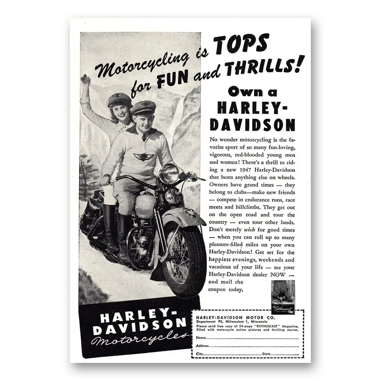 1947 Harley Davidson Motorcycling is Tops Vintage Magazine Print Ad