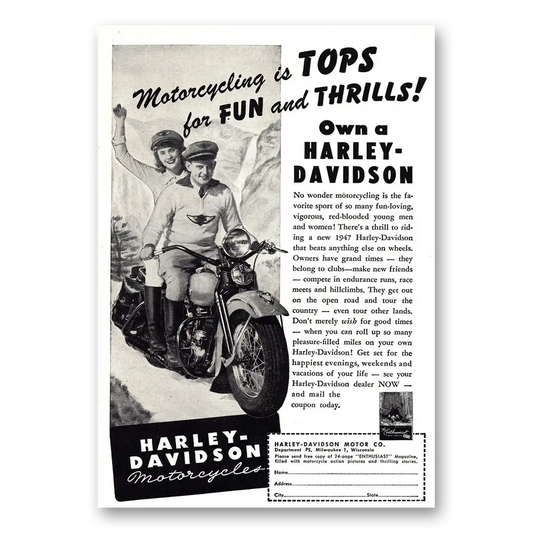 1947 Harley Davidson Motorcycling is Tops Vintage Magazine Print Ad