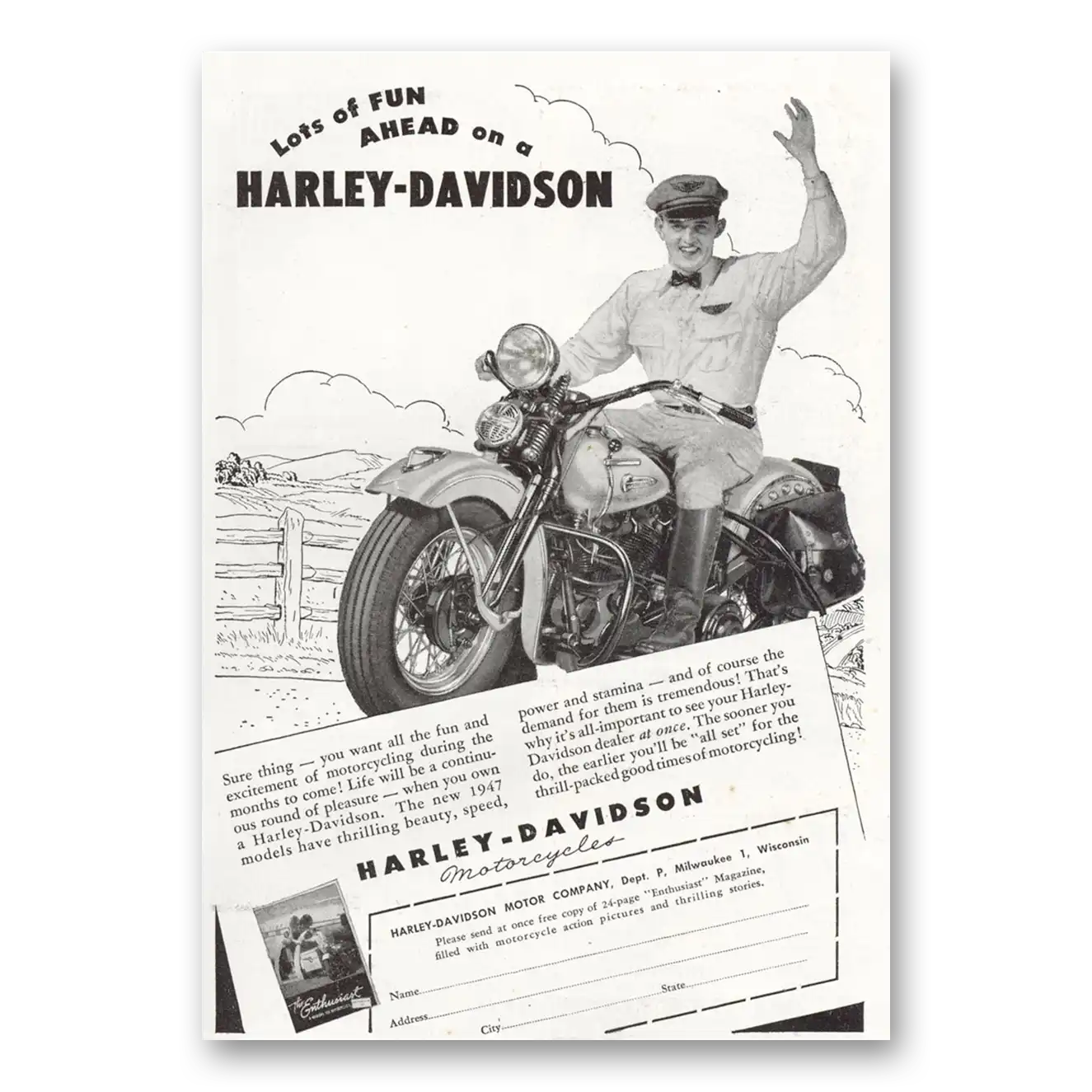 1947 Harley Davidson Lots of Fun Ahead Vintage Magazine Print Ad