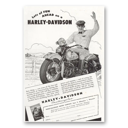 1947 Harley Davidson Lots of Fun Ahead Vintage Magazine Print Ad