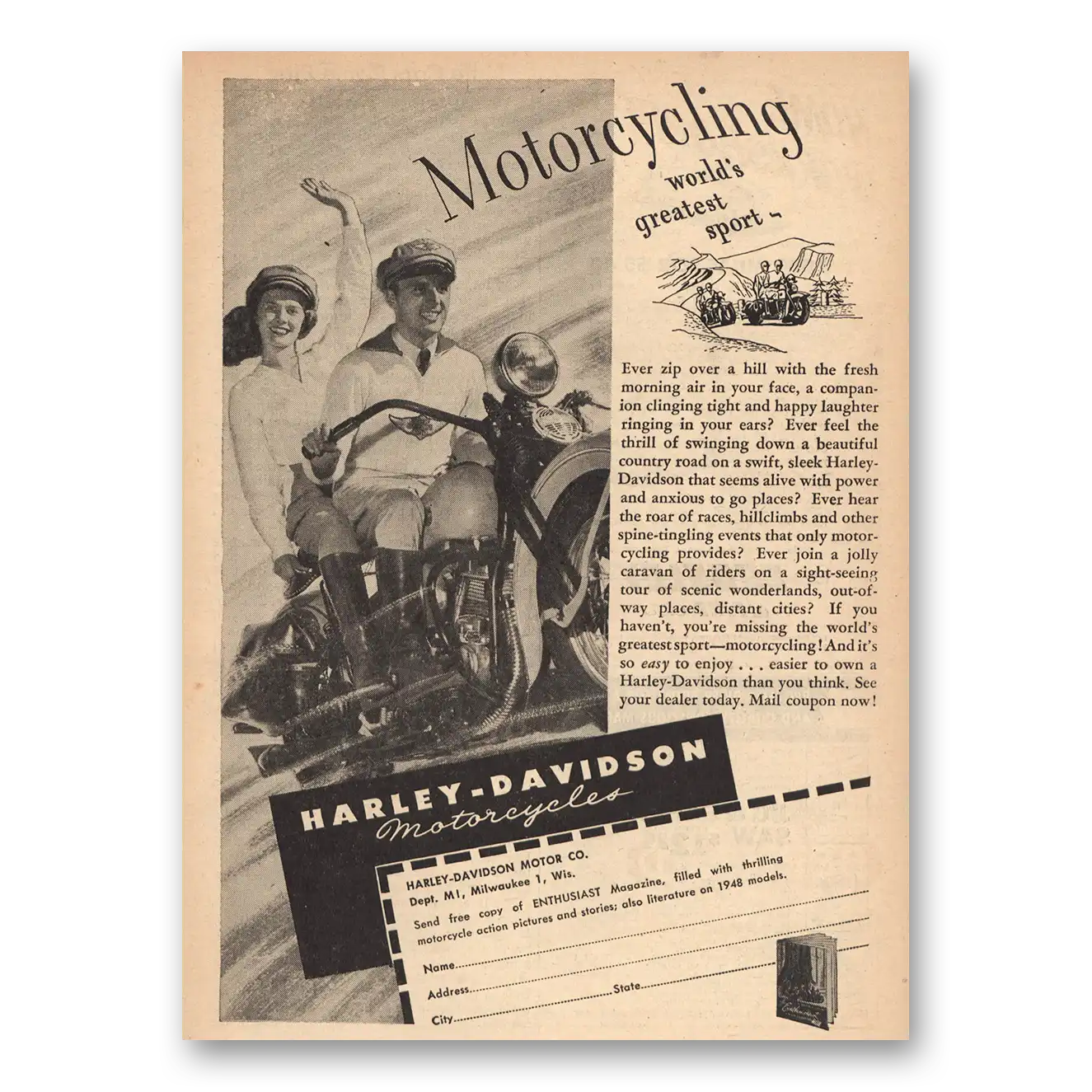 1947 Harley Davidson Motorcycling Worlds Greatest Sport Vintage Magazine Print Ad