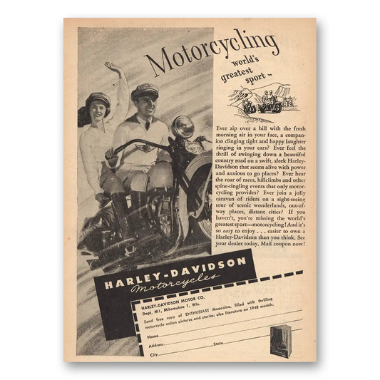 1947 Harley Davidson Motorcycling Worlds Greatest Sport Vintage Magazine Print Ad